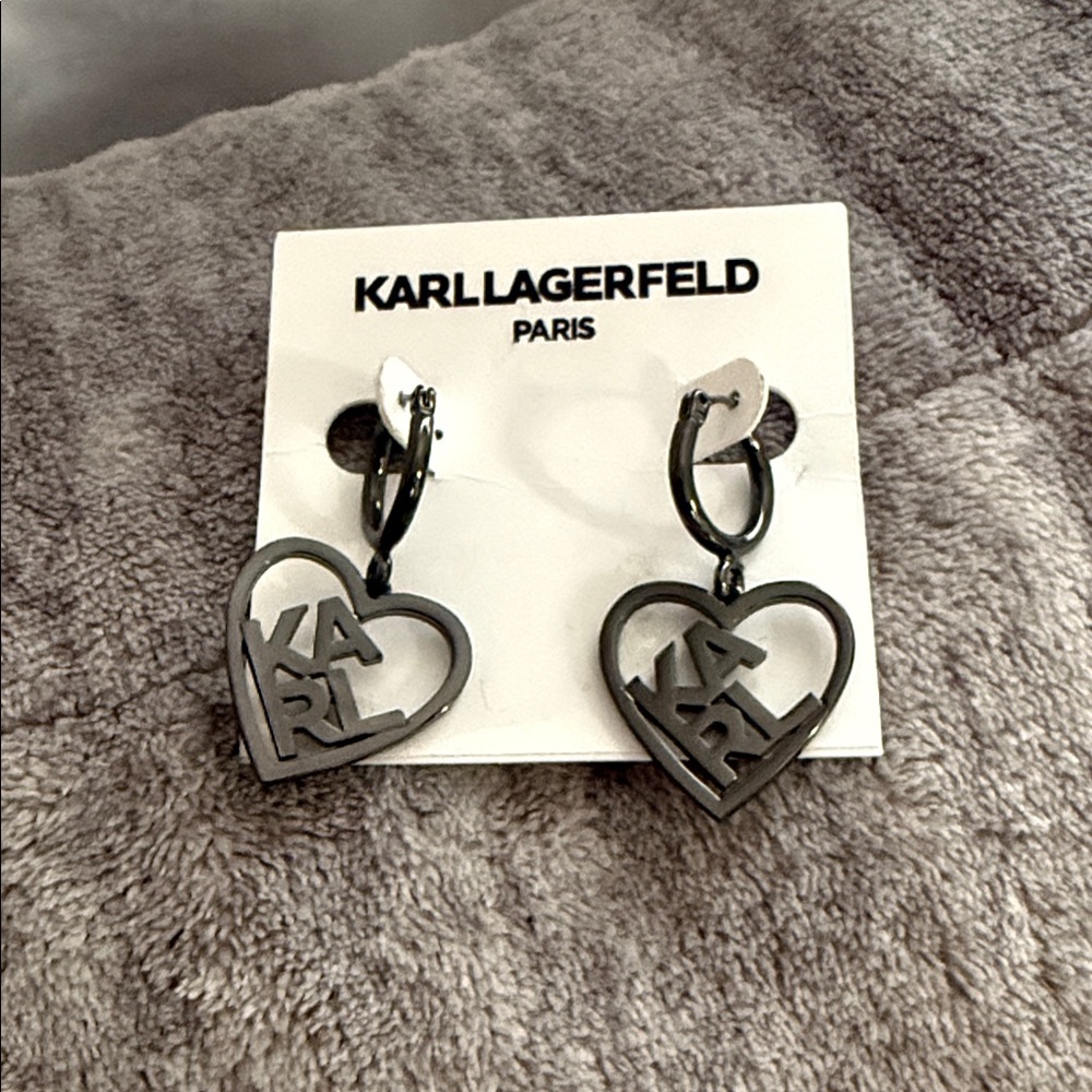 Karl Lagerfeld Kids Heart Hoop Earrings - Black and Silver
